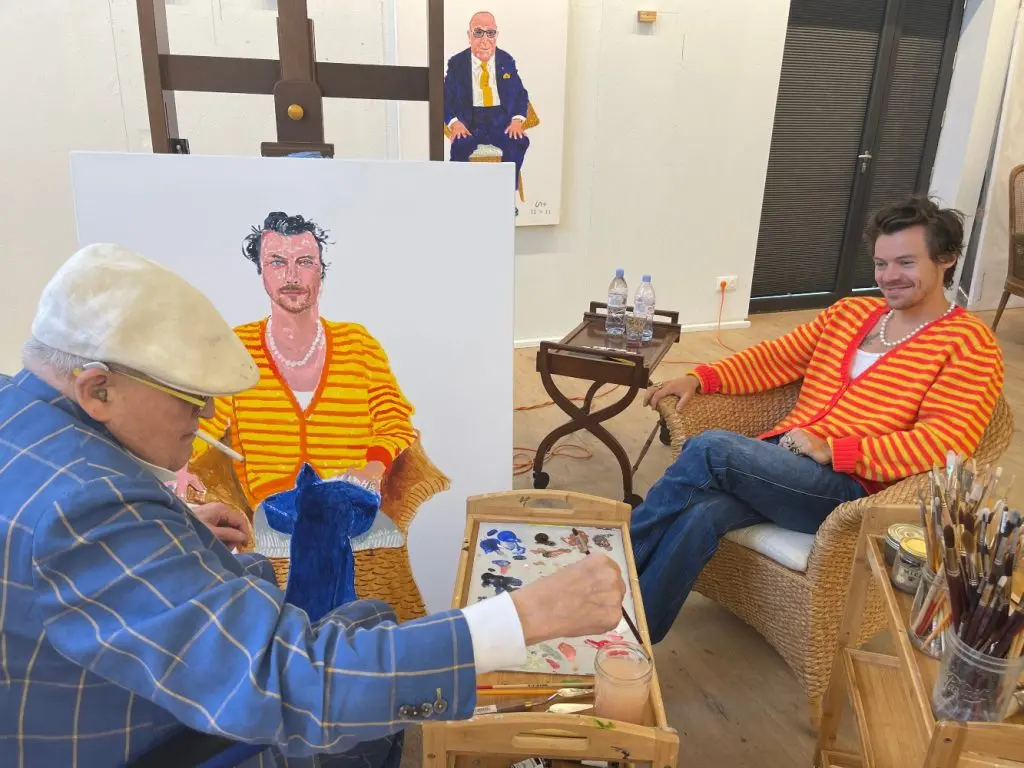David Hockney painting Harry Styles, (with portrait of Clive Davis) at his Normandy studio on 1st June 2022. Photo by JP Gonçalves de Lima.
