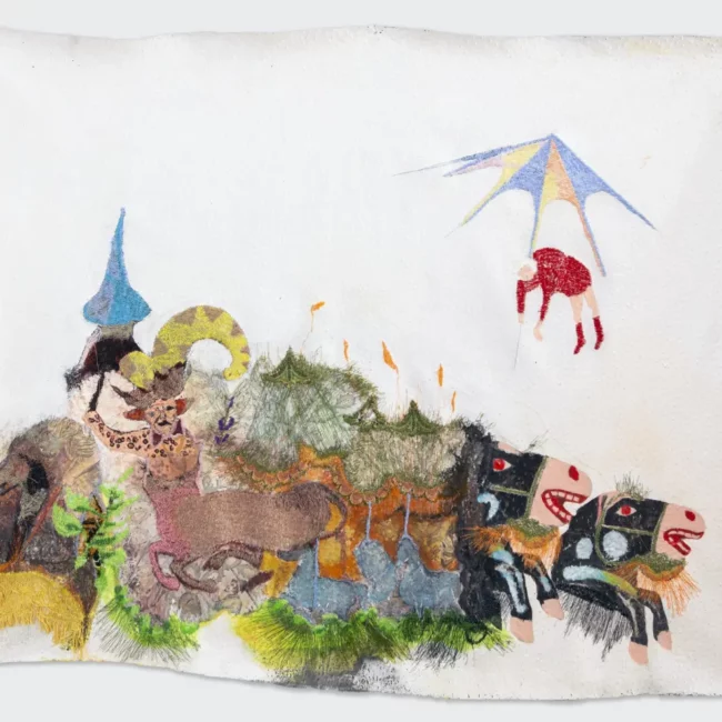 Griselda Rosas, Buena suerte, dijo el gafe (2020–21), embroidery over faux ostrich skin and acrylic, 48 x 58 inches (framed)