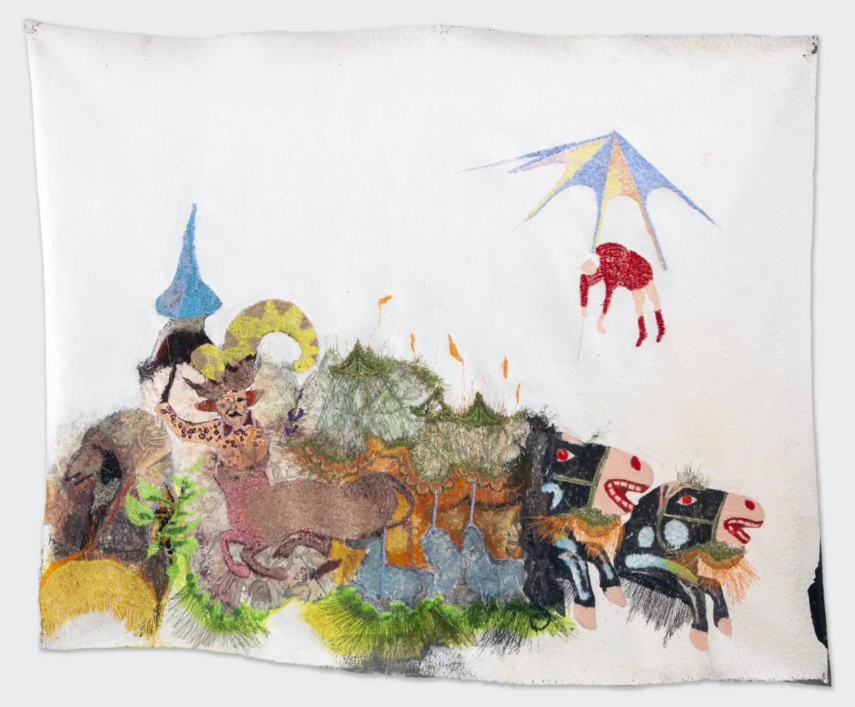 Griselda Rosas, Buena suerte, dijo el gafe (2020–21), embroidery over faux ostrich skin and acrylic, 48 x 58 inches (framed)
