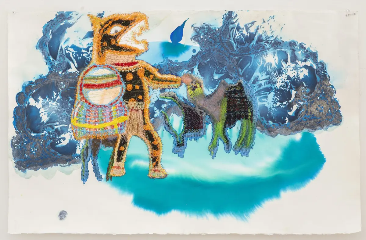 Griselda Rosas, El punto es que lo intrincado organiza sus fronteras (2022), embroidery over paper and watercolor, 31 x 45 inches (framed) (all images courte