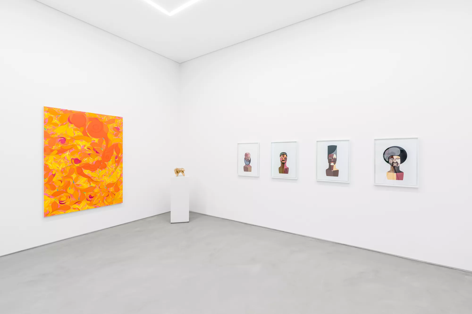 Installation view of works by Tunji Adeniyi-Jones, Hank Willis Thomas, and Derrick Adams in “The Speed of Grace,” curated by Larry Ossei-Mensah, at Simões de Ass