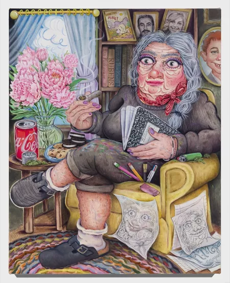 Rebecca Morgan, Self-Portrait at 100 Still Doing My Favorite Shit, 2023, oil on linen. Courtesy Asya Geisberg Gallery and the artist. Photo by Etienne Frossard